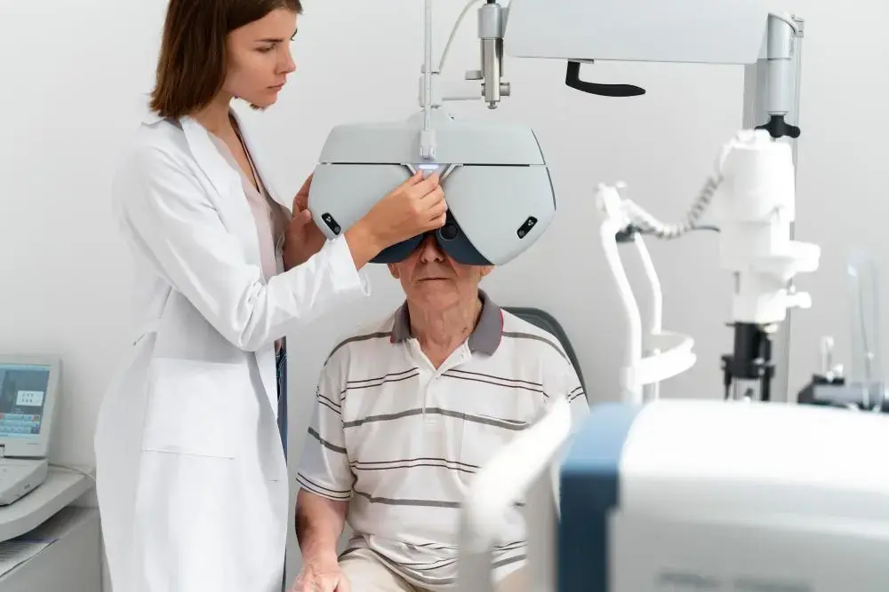 Eye Specialist performing pre-operative vision assessment to ensure cataract surgery safety at EyeWise Clinic